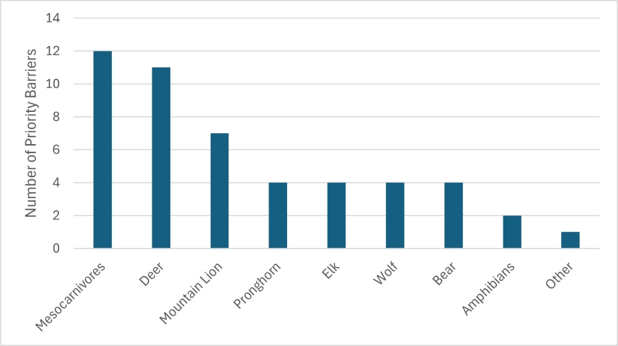 Region 1 column chart displaying number of top priority barriers based on species.