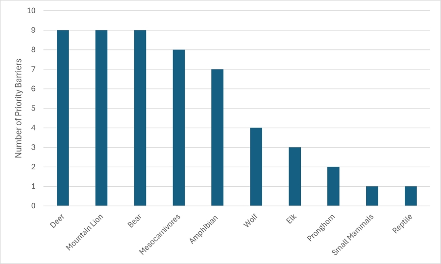 Region 4 column chart displaying number of top priority barriers based on species.