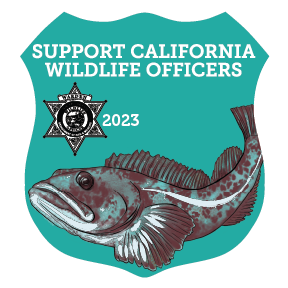 aqua colored shield with words, Support California Wildlife Officers 2023, and drawing of lingcod