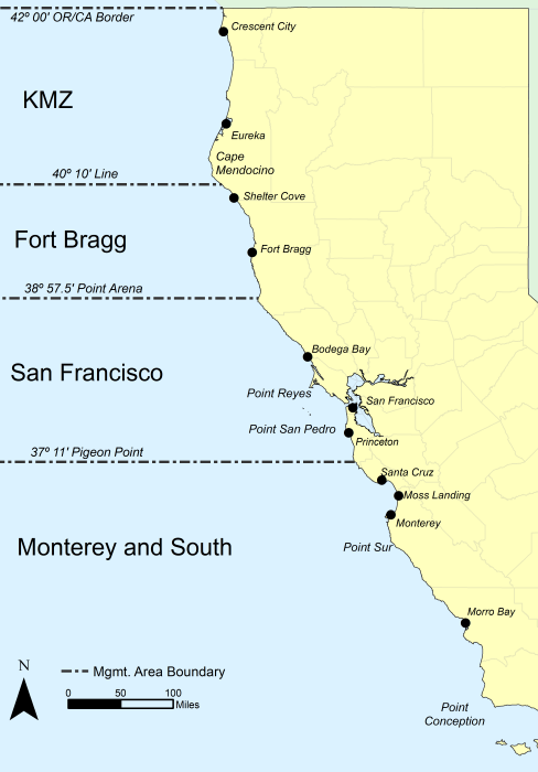 Map of key landmarks for the commercial ocean salmon fishery
