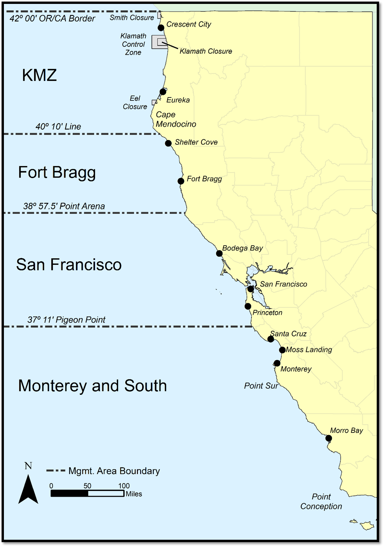 Map of key landmarks for the commercial ocean salmon fishery - link opens enlarged image in new tab