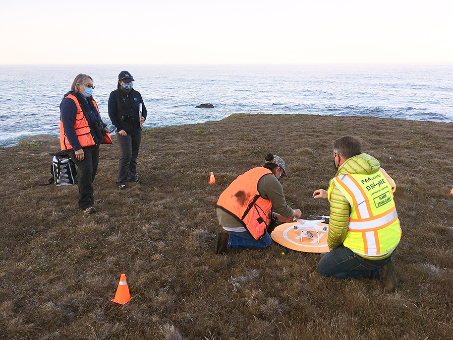Scientists working with a drone to map kelp cover