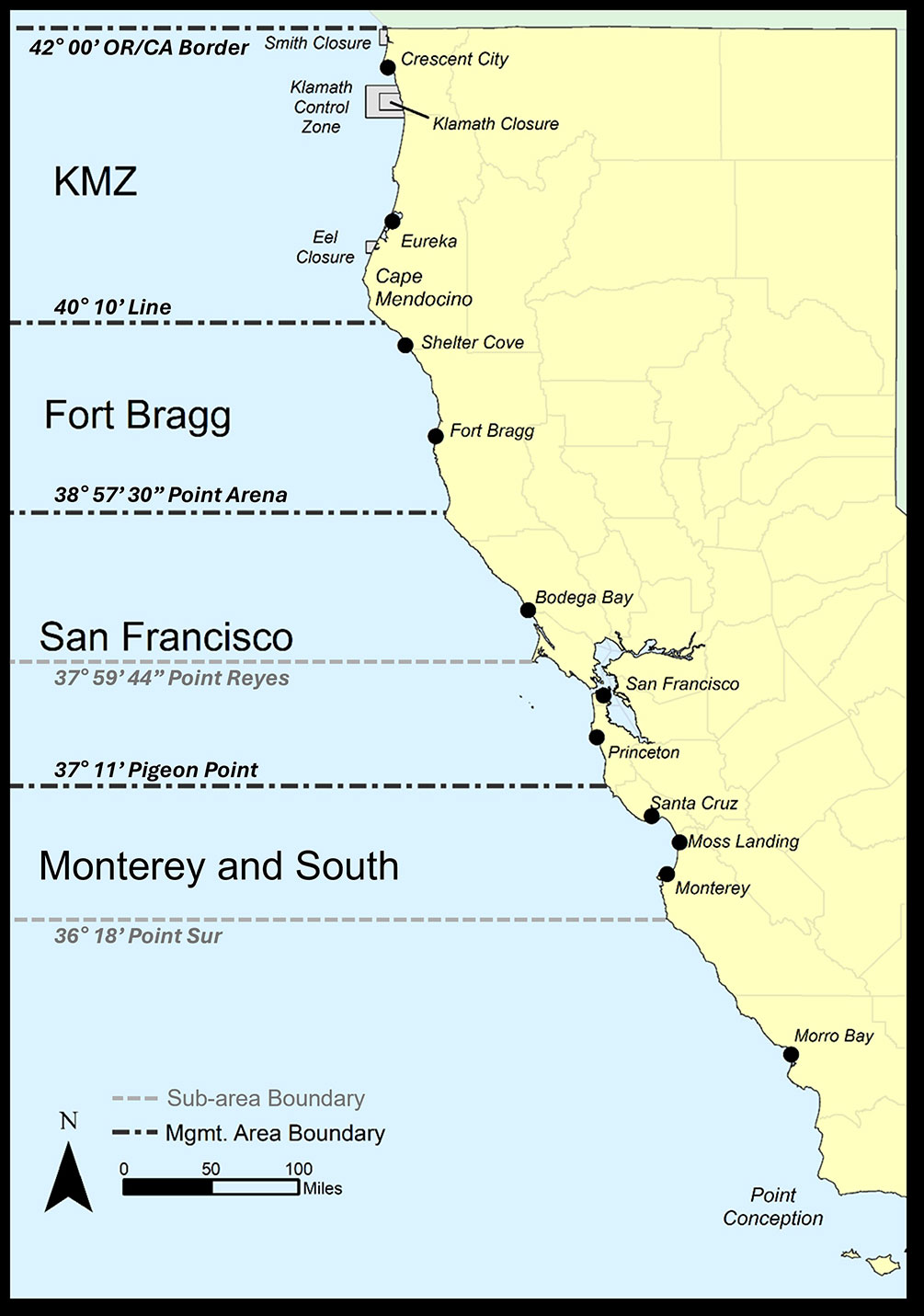 Map of recreational ocean salmon fishing areas - link opens enlarged image in new tab