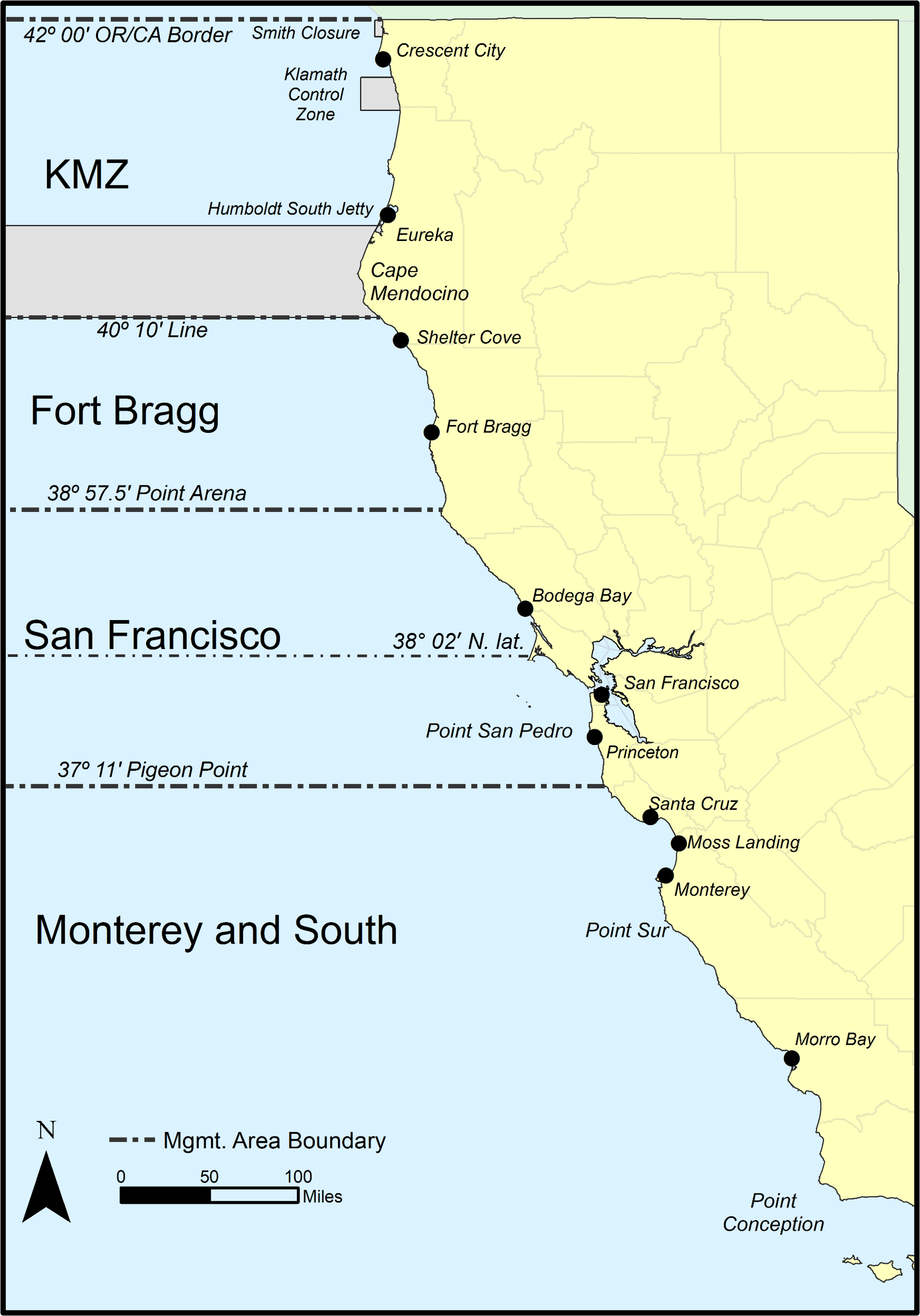 Map of key landmarks for the commercial ocean salmon fishery - link opens enlarged image in new tab