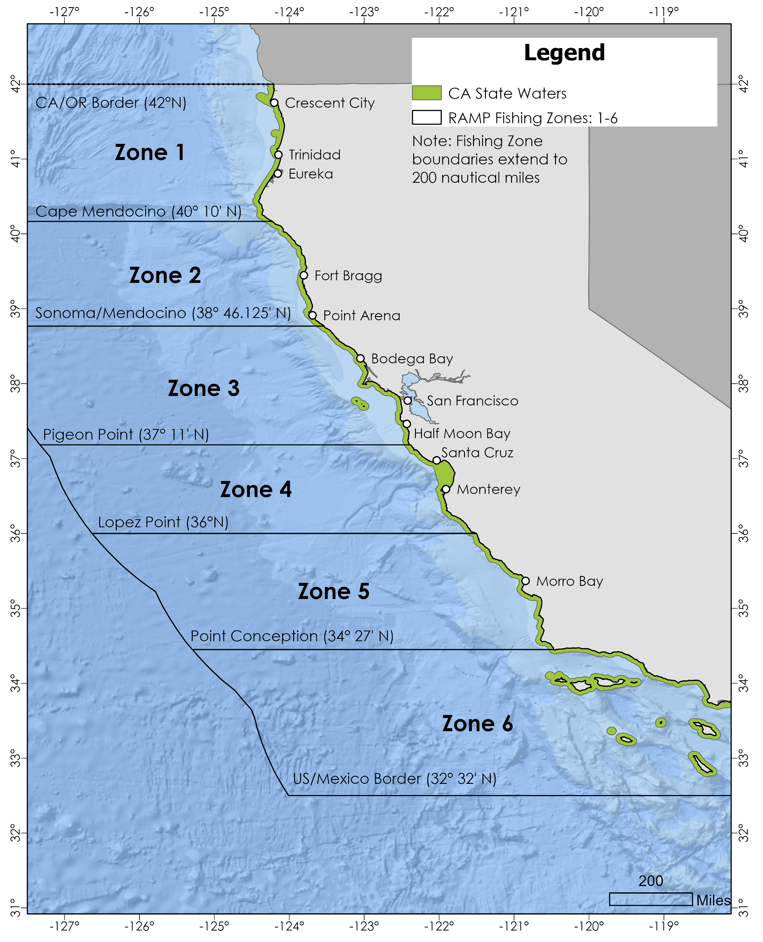 Map showing latitudinal boundaries of RAMP Fishing Zones 1-6 - click/tap to enlarge in new tab