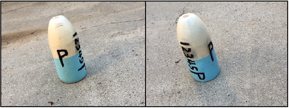 Two pictures showing two different angles of a bullet float with one side marked with “12345P” and the other three sides with “P.” The letters “P” are twice as tall as the number “12345.”