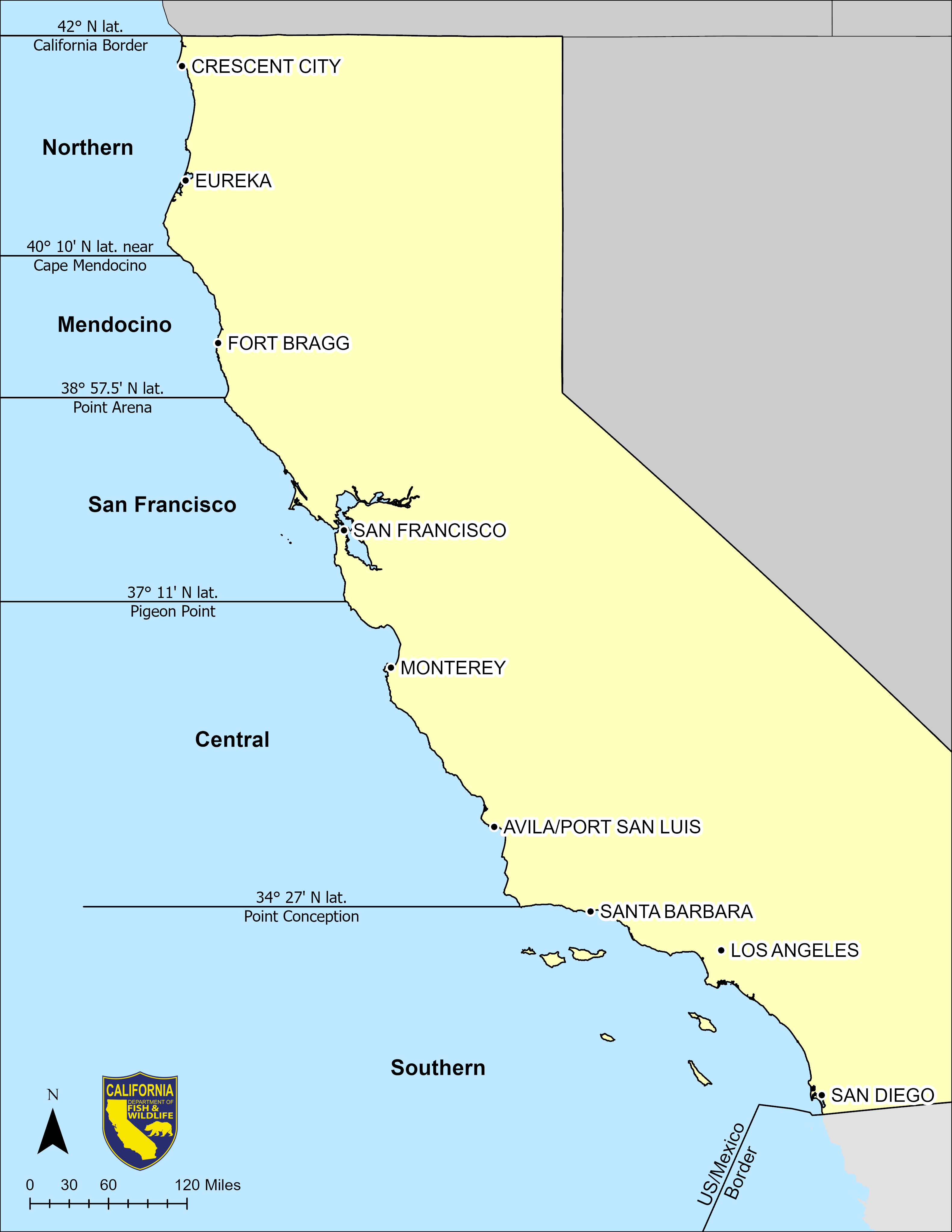 California Groundfish Management Area Map - click to enlarge in new tab