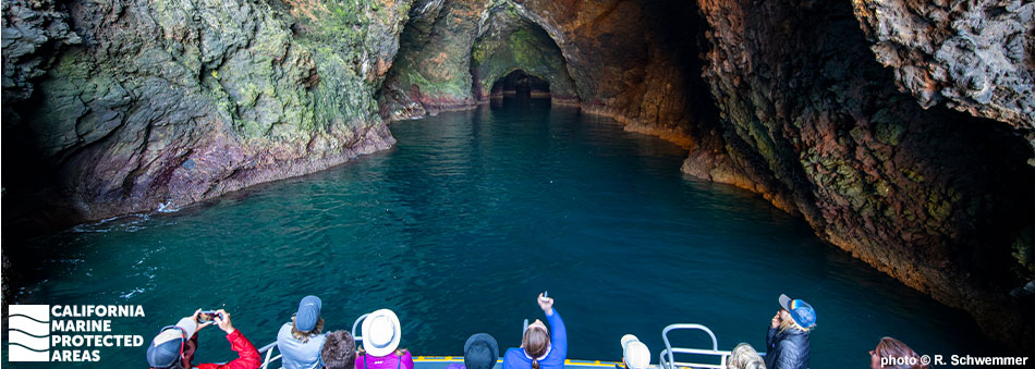 people on a boat look into a large sea cave